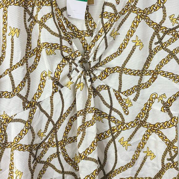 MK Michael Kors Blouse Top Women’s Sz Large White Gold Chain Print NWT Logo - Picture 5 of 7